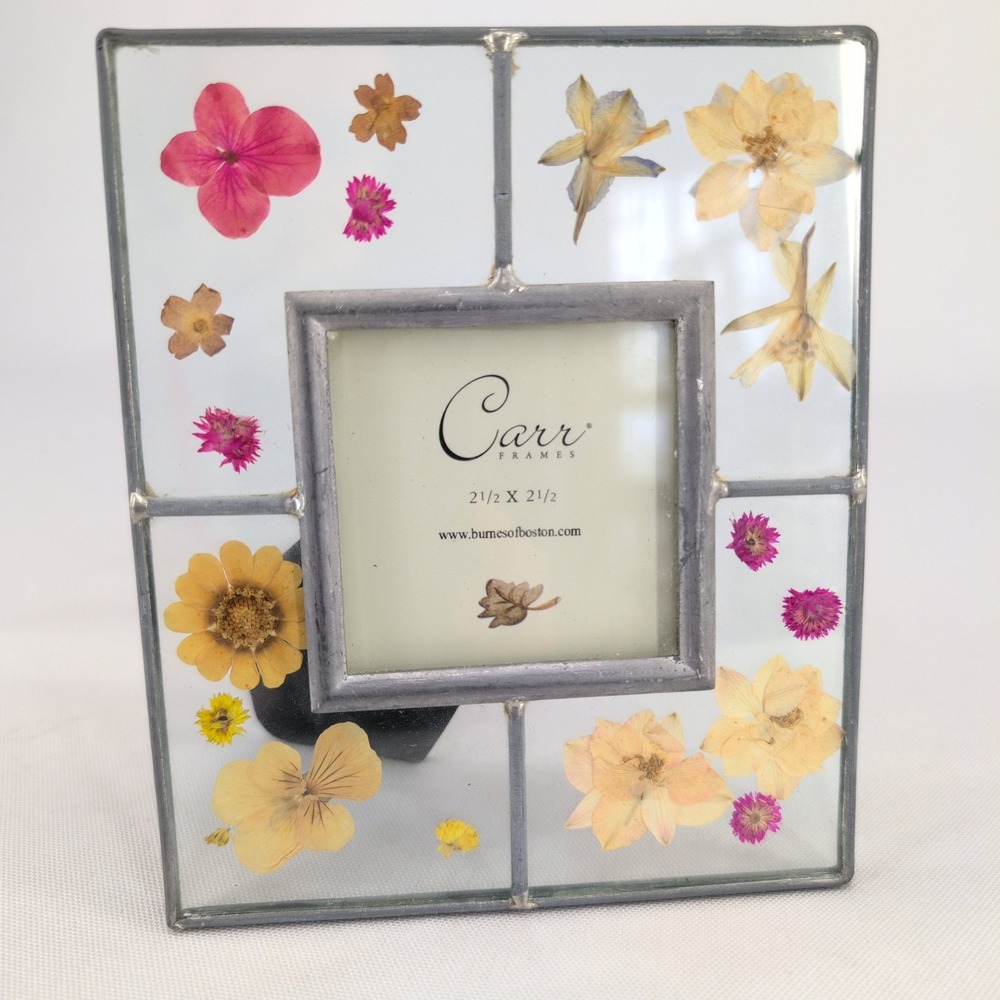 vtg Carr Frames Leaded Glass Picture Frame Silver Pressed Flowers 1999 2.5x2.5
